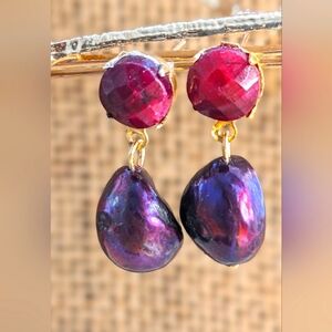 6 Total Carats Natural Ruby & Wine Baroque Pearl Earrings in Yellow Gold Plated